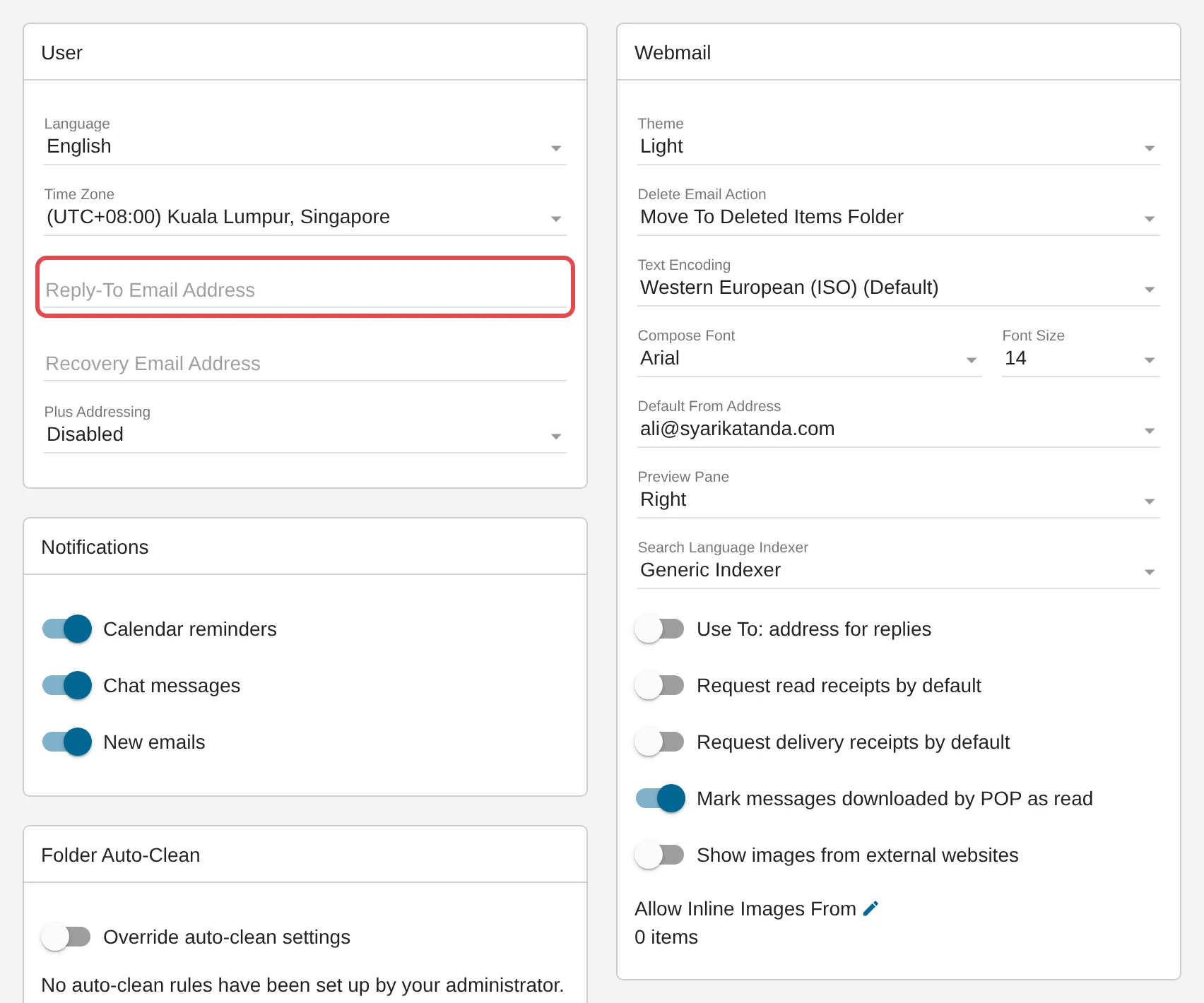 Settings、Account、Reply-To Email Address
