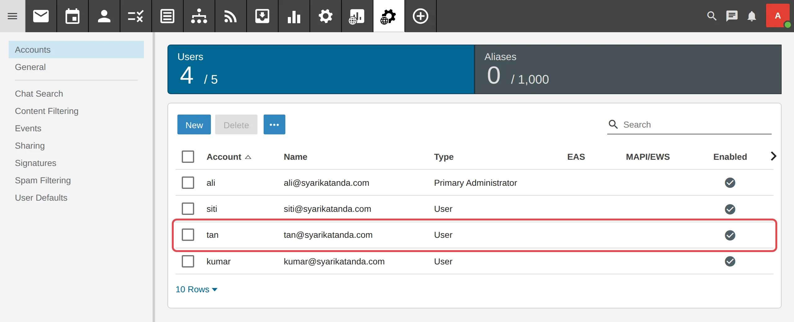 Domain Settings的Accounts页面