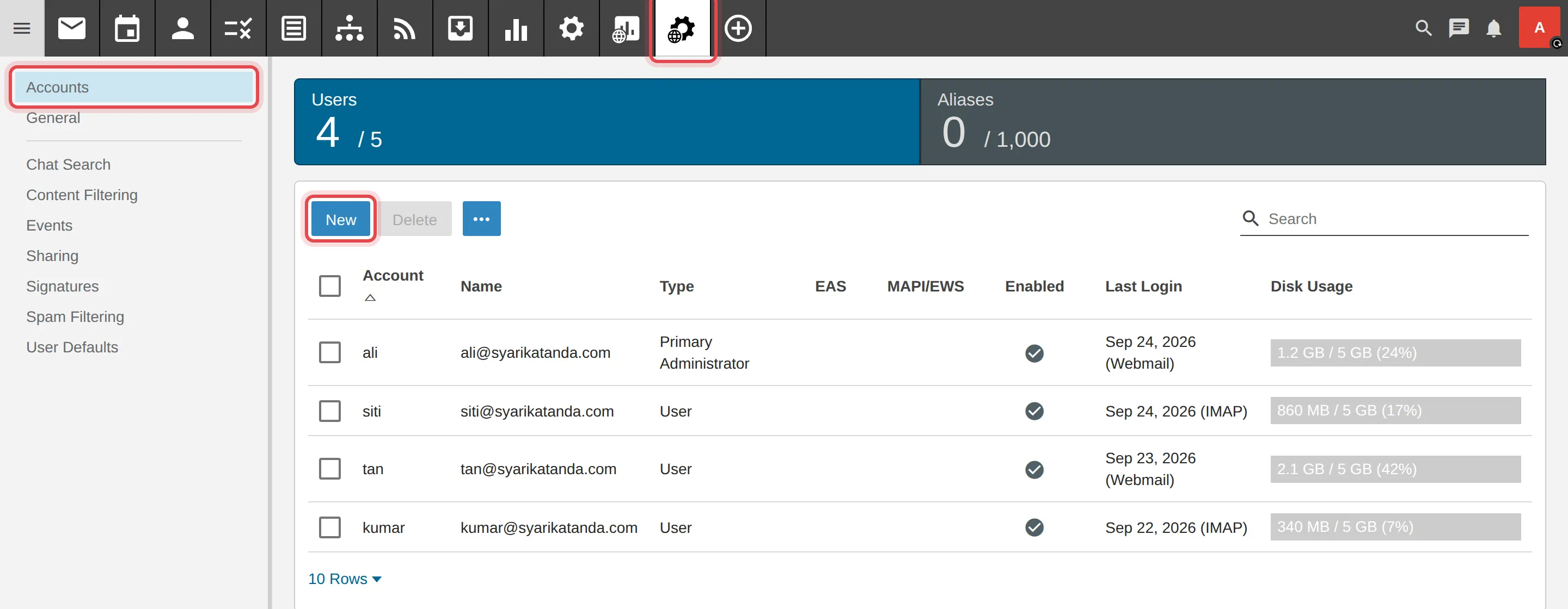 Domain Settings, Accounts dan butang New
