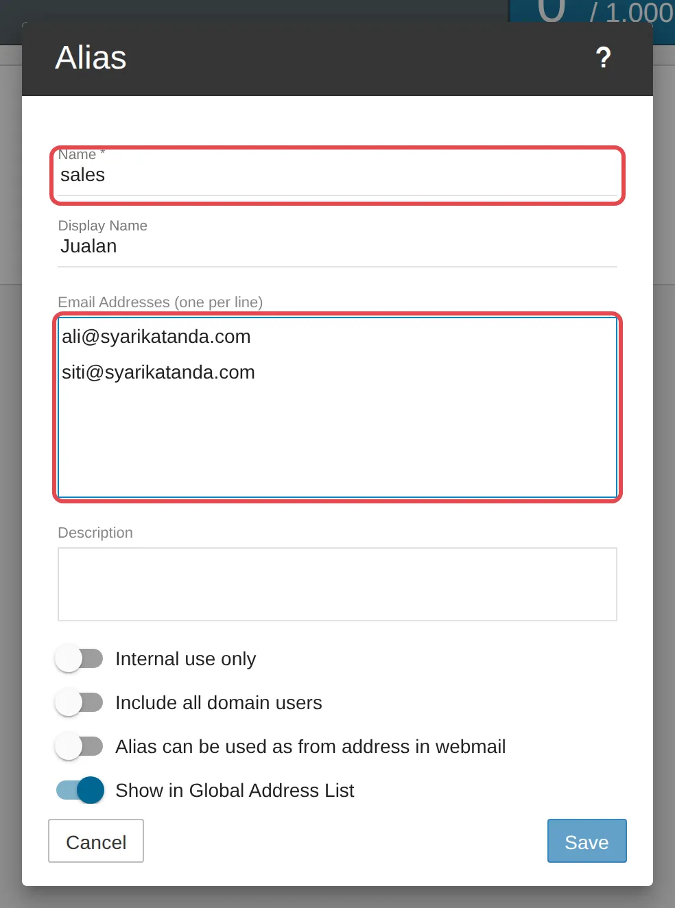 Borang alias dengan Name dan Email Addresses