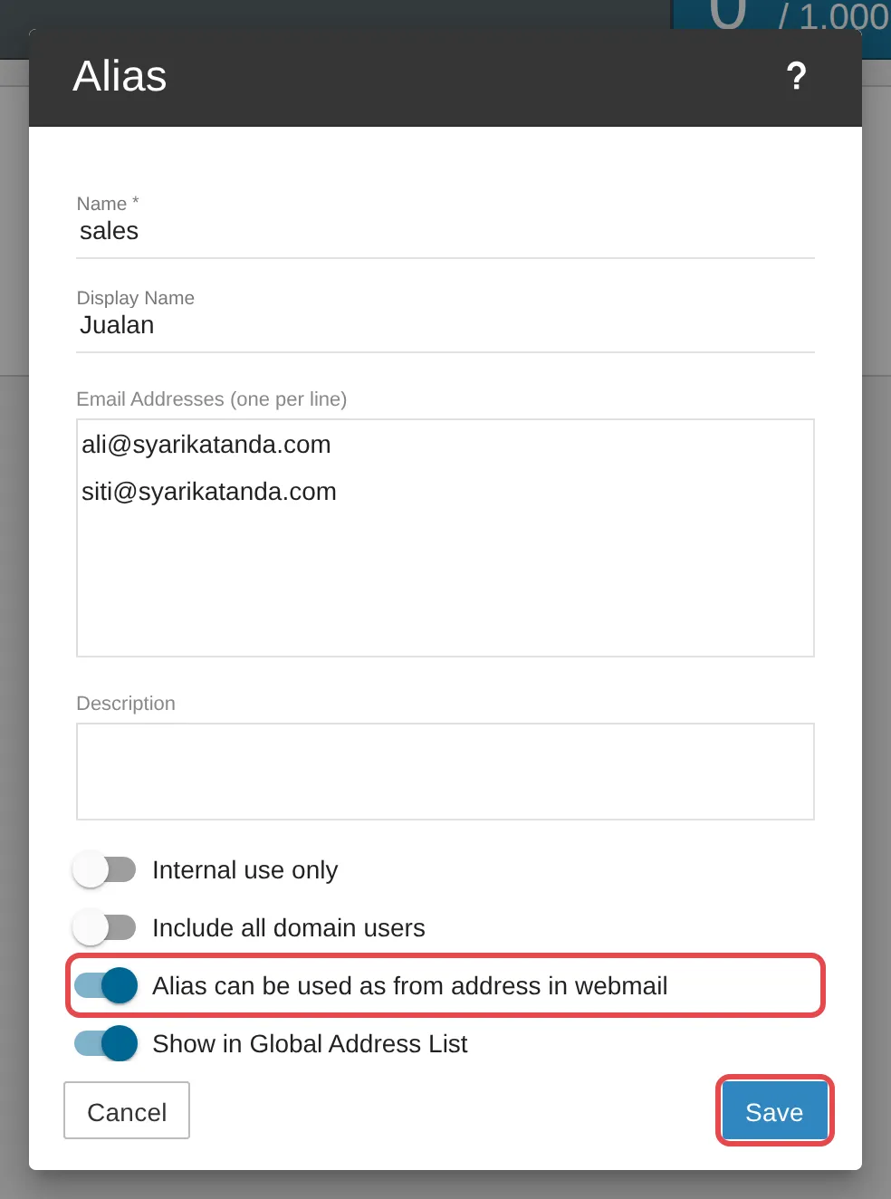 Suis Alias can be used as from address in webmail dan butang Save