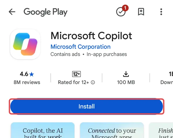 On Android: the Microsoft Copilot app in Google Play, by Microsoft Corporation, with the Install button highlighted