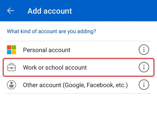 On Android: the Authenticator Add account screen with Work or school account highlighted
