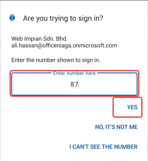 On Android: Are you trying to sign in? in Authenticator with a number typed in and the Yes button highlighted