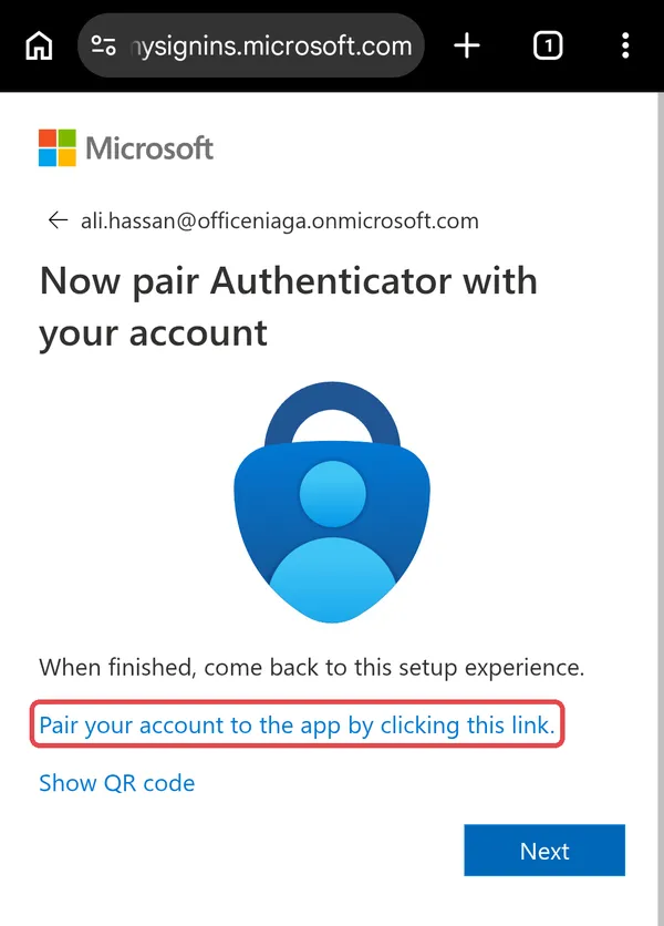 On Android: Now pair Authenticator with your account in the phone’s browser, with the Pair your account to the app by clicking this link. link highlighted