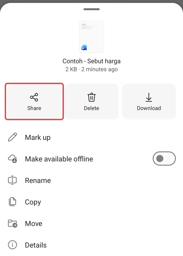 On Android: the OneDrive file menu with the Share button highlighted