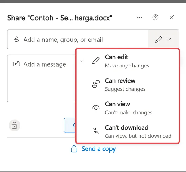 On Android: the OneDrive share box with the permission list open, showing Can edit, Can review, Can view and Can’t download