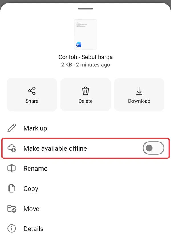 On Android: the OneDrive file menu with the Make available offline switch highlighted