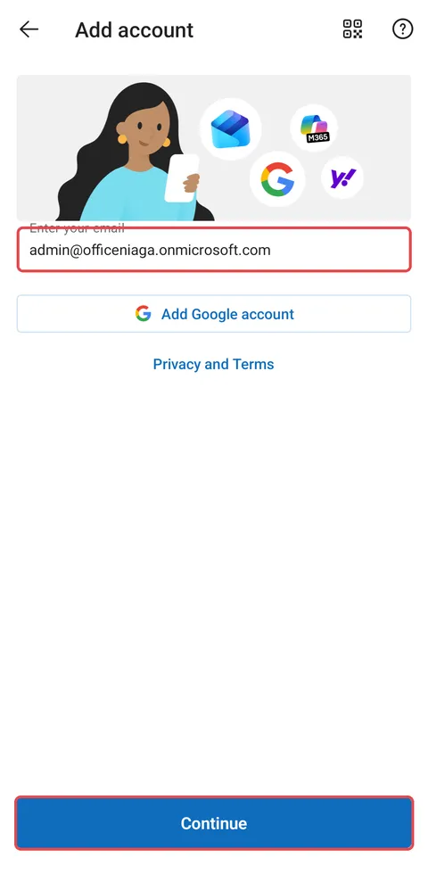 Android：Outlook的Add account画面，已输入工作电邮地址，电邮栏和Continue按钮已标示