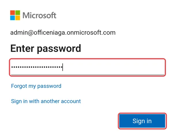Android：Outlook里工作账号的Enter password画面，密码栏和Sign in按钮已标示