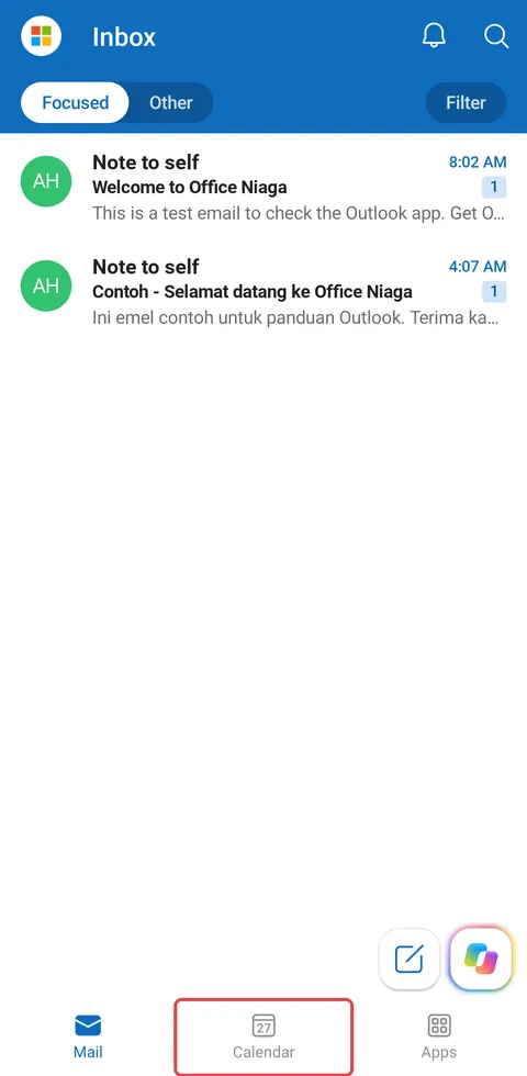 Android：Microsoft 365工作账号的Outlook收件箱，底部的Calendar已标示