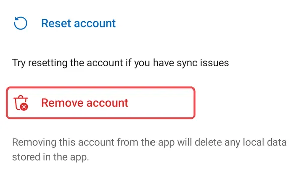 Android：Outlook里工作账号设置的底部，Remove account已标示