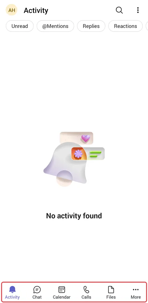 Android：Teams的Activity标签页，底部栏已标示：Activity、Chat、Calendar、Calls、Files和More