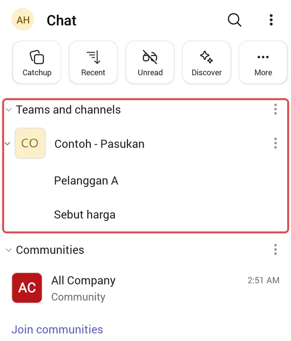 Android：Teams的Chat标签页，Teams and channels已标示，显示一个团队和它的两个频道