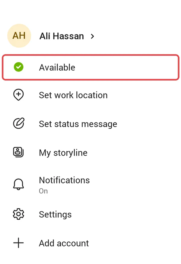 Android：从头像打开的Teams菜单，Available状态已标示