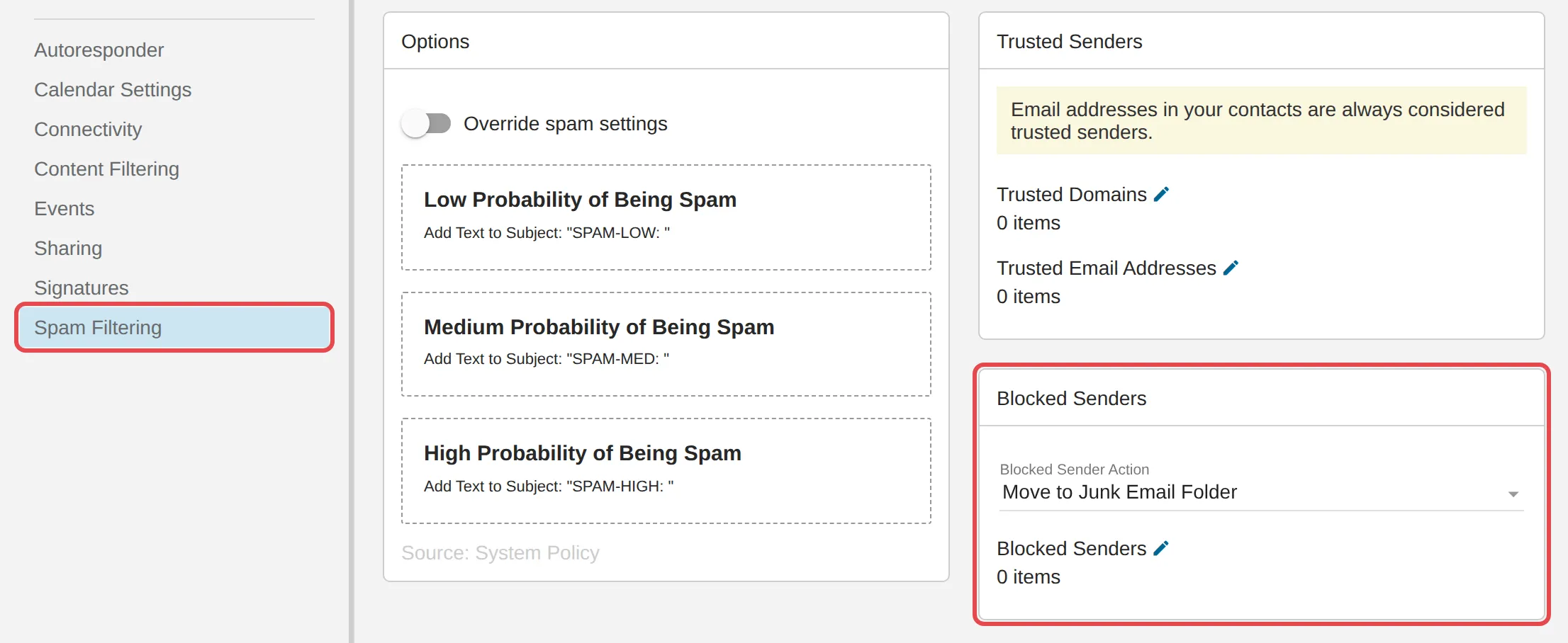 Spam Filtering页面上的Blocked Senders卡片