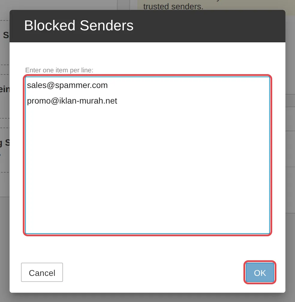 Blocked Senders名单，里面有两个示例地址
