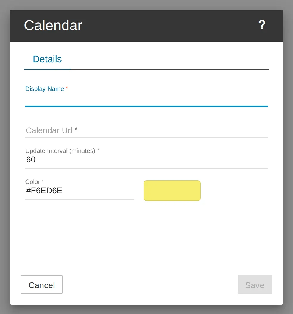 Subscribe to Calendar窗口：Display Name和Calendar Url
