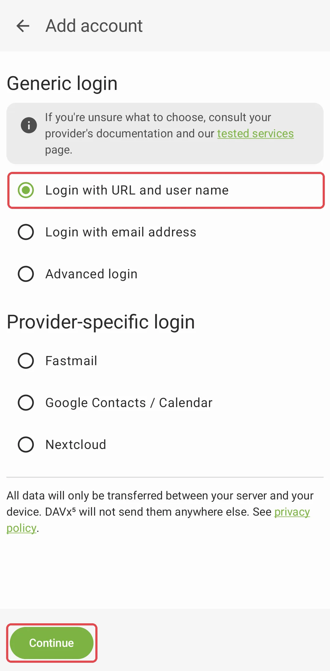 Skrin Add account dalam DAVx⁵, dengan pilihan Login with URL and user name dan butang Continue ditanda