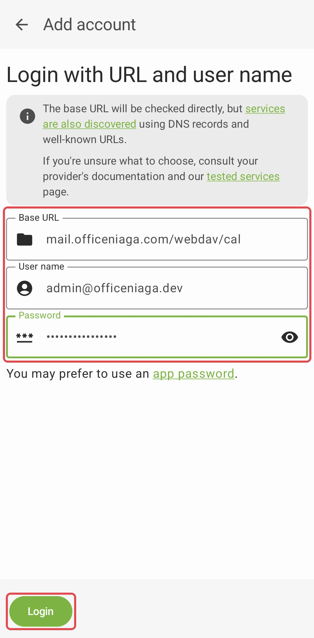 Borang log masuk dalam DAVx⁵, dengan Base URL, User name dan Password sudah diisi, dan butang Login ditanda