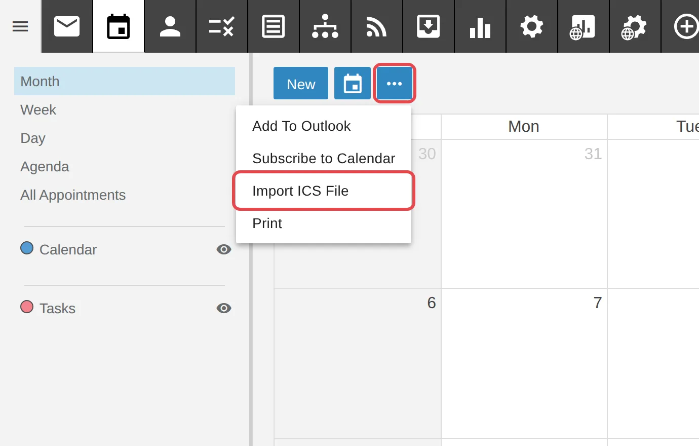 Menu tiga titik dalam tab Calendar, dengan Import ICS File ditanda