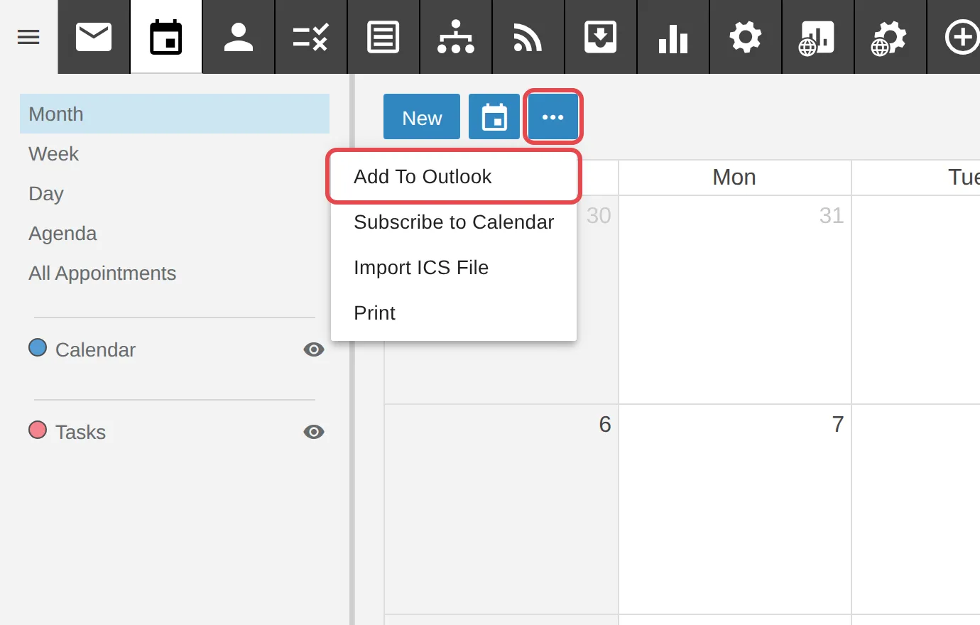 Menu tiga titik dalam tab Calendar, dengan Add To Outlook ditanda