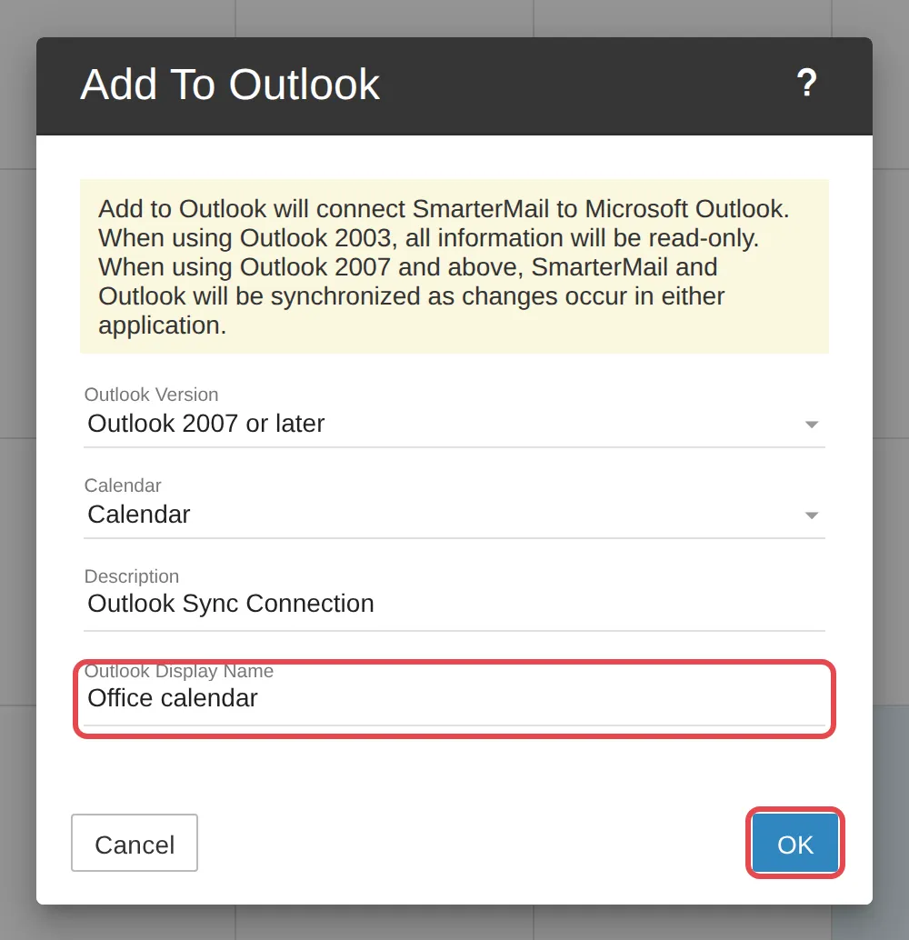 Tetingkap Add To Outlook, dengan ruangan Outlook Display Name dan butang OK ditanda
