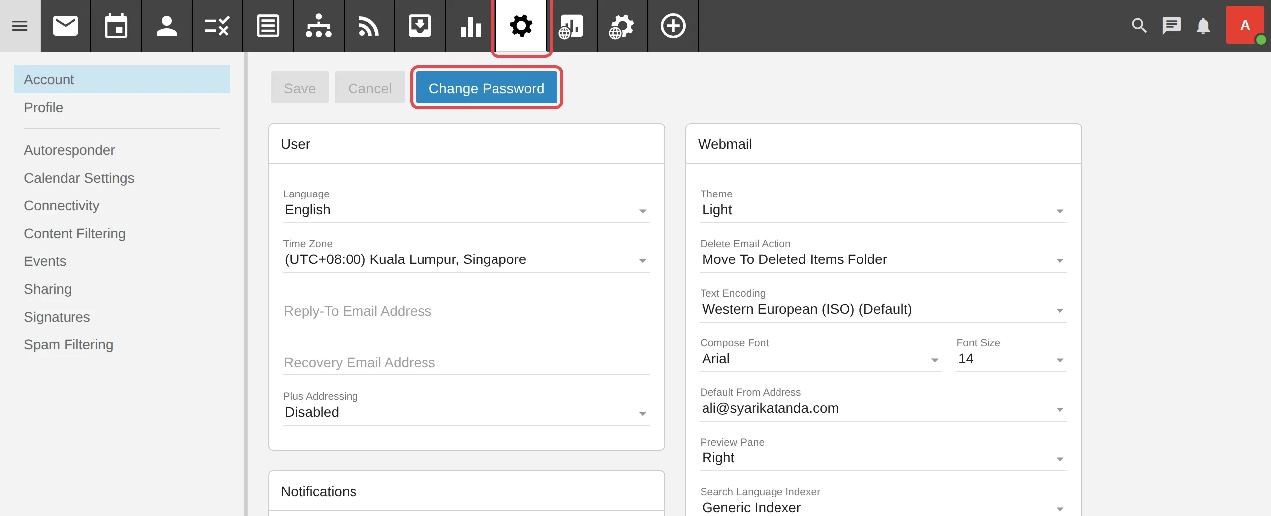 Menu Settings dan butang Change Password