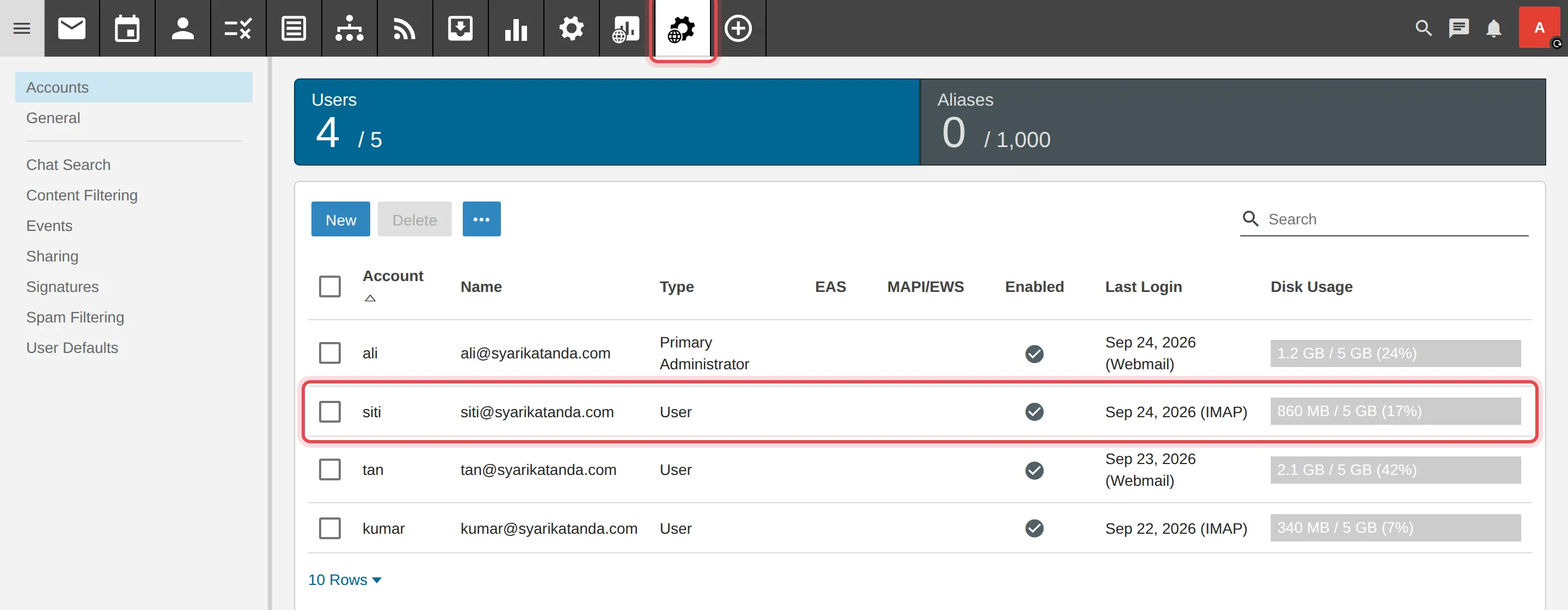 Domain Settings dan senarai pengguna