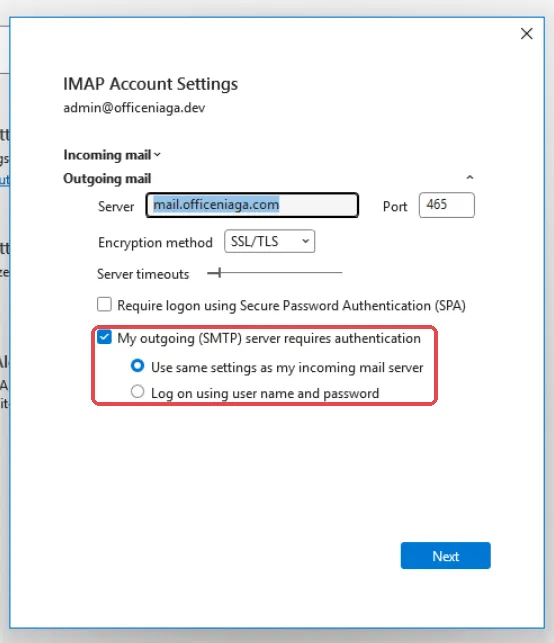 发件设置,已勾选My outgoing (SMTP) server requires authentication