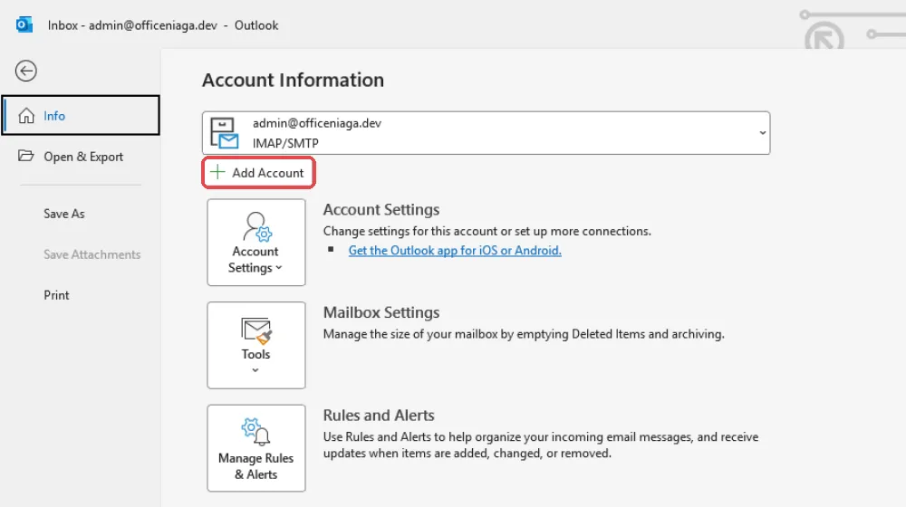 经典版Outlook的File标签页里的Add Account按钮