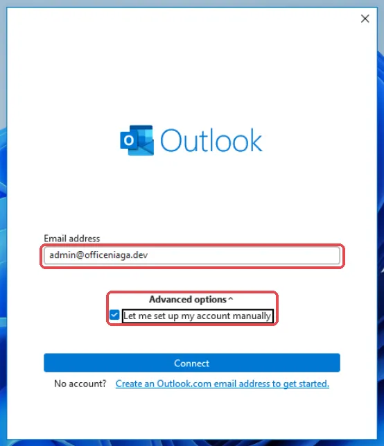 已输入电邮地址,Advanced options下已勾选Let me set up my account manually