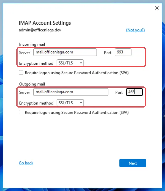 IMAP Account Settings,已填入mail.officeniaga.com、端口993和端口465,两者都是SSL/TLS