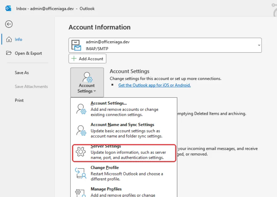 Account Settings菜单,Server Settings已标示