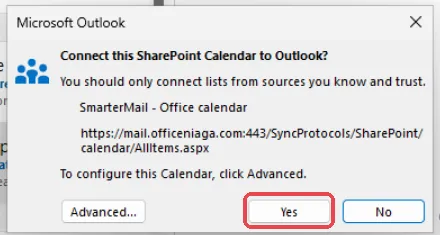 Connect this SharePoint Calendar to Outlook窗口，已标示Yes按钮