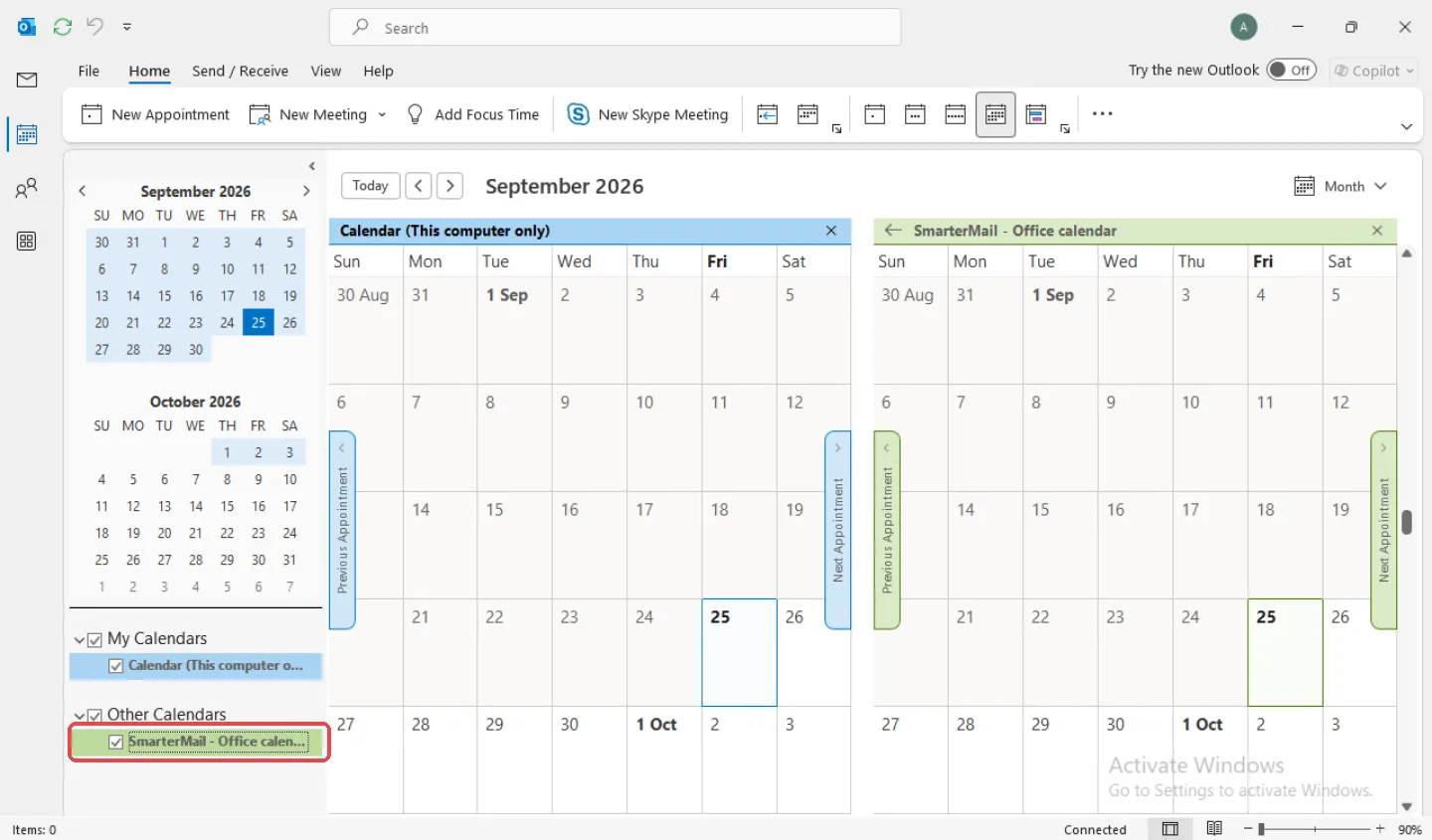 经典版Outlook日历，Other Calendars下已勾选SmarterMail日历