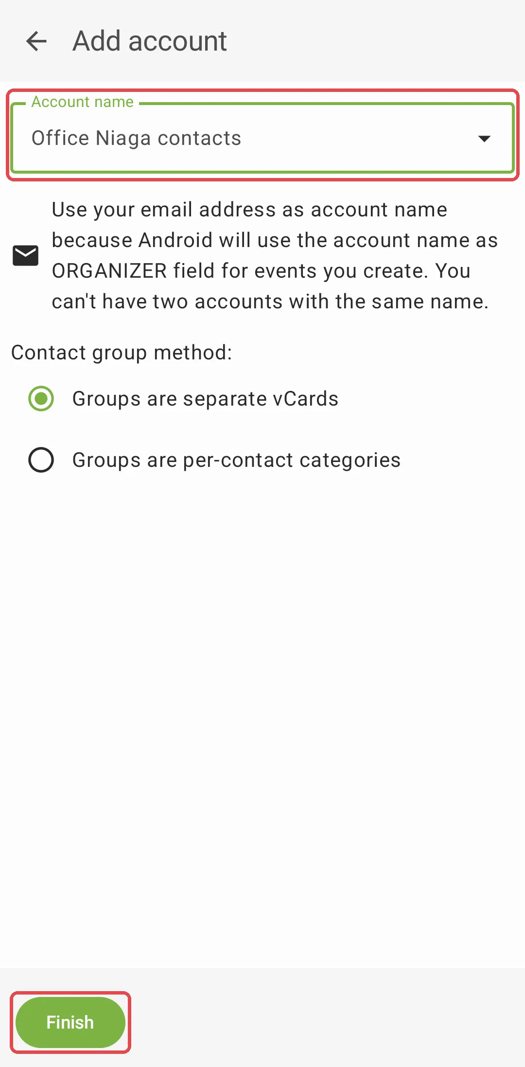 DAVx⁵的账号名称页面，账号名称已改为Office Niaga contacts，并标出Finish按钮