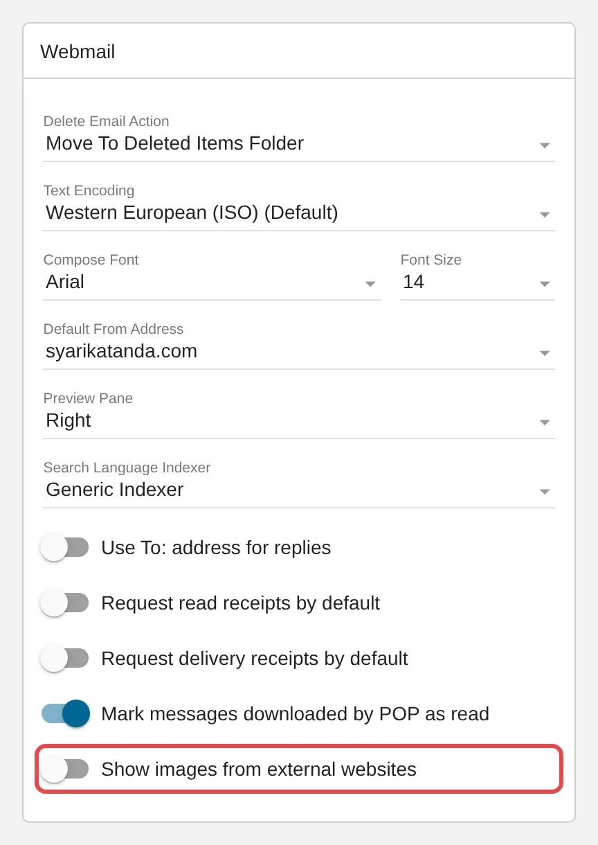 User Defaults的Webmail卡片,Show images from external websites设置