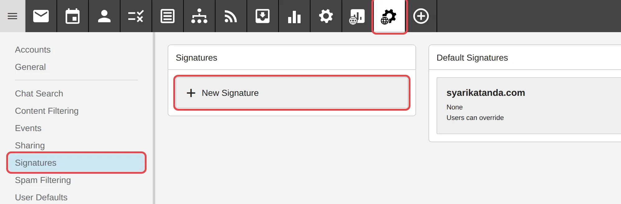Domain Settings, Signatures dan New Signature