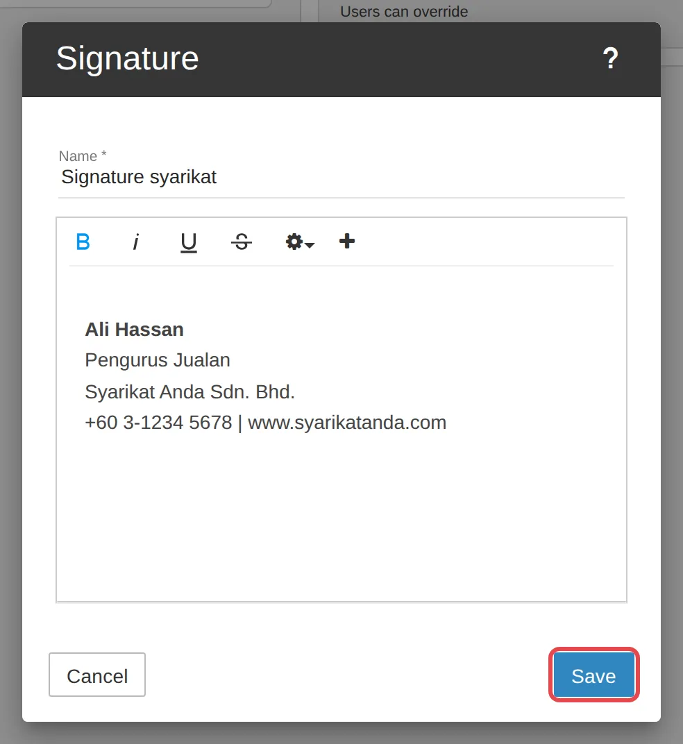 Editor signature dengan nama dan kandungan, butang Save