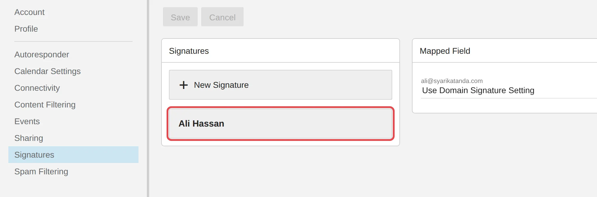 Signature peribadi yang disimpan di bawah New Signature