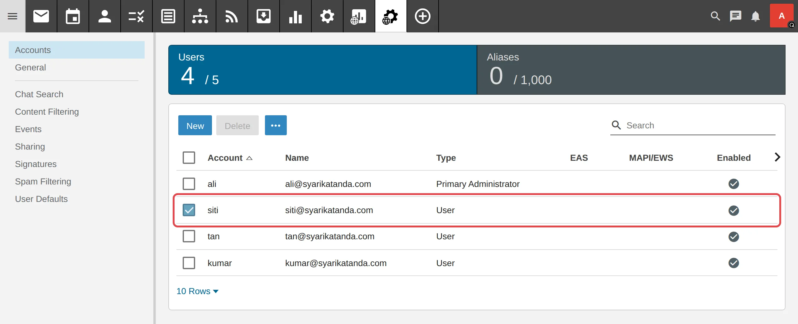 Domain Settings的Accounts页面，选择一个用户