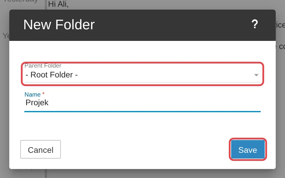 Borang New Folder dengan Parent Folder dan Name