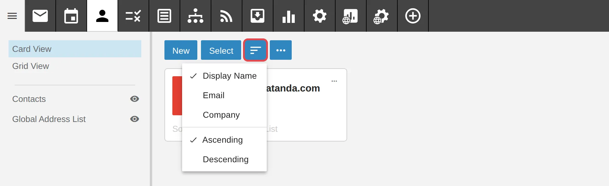 排序菜单，有Display Name、Email和Company