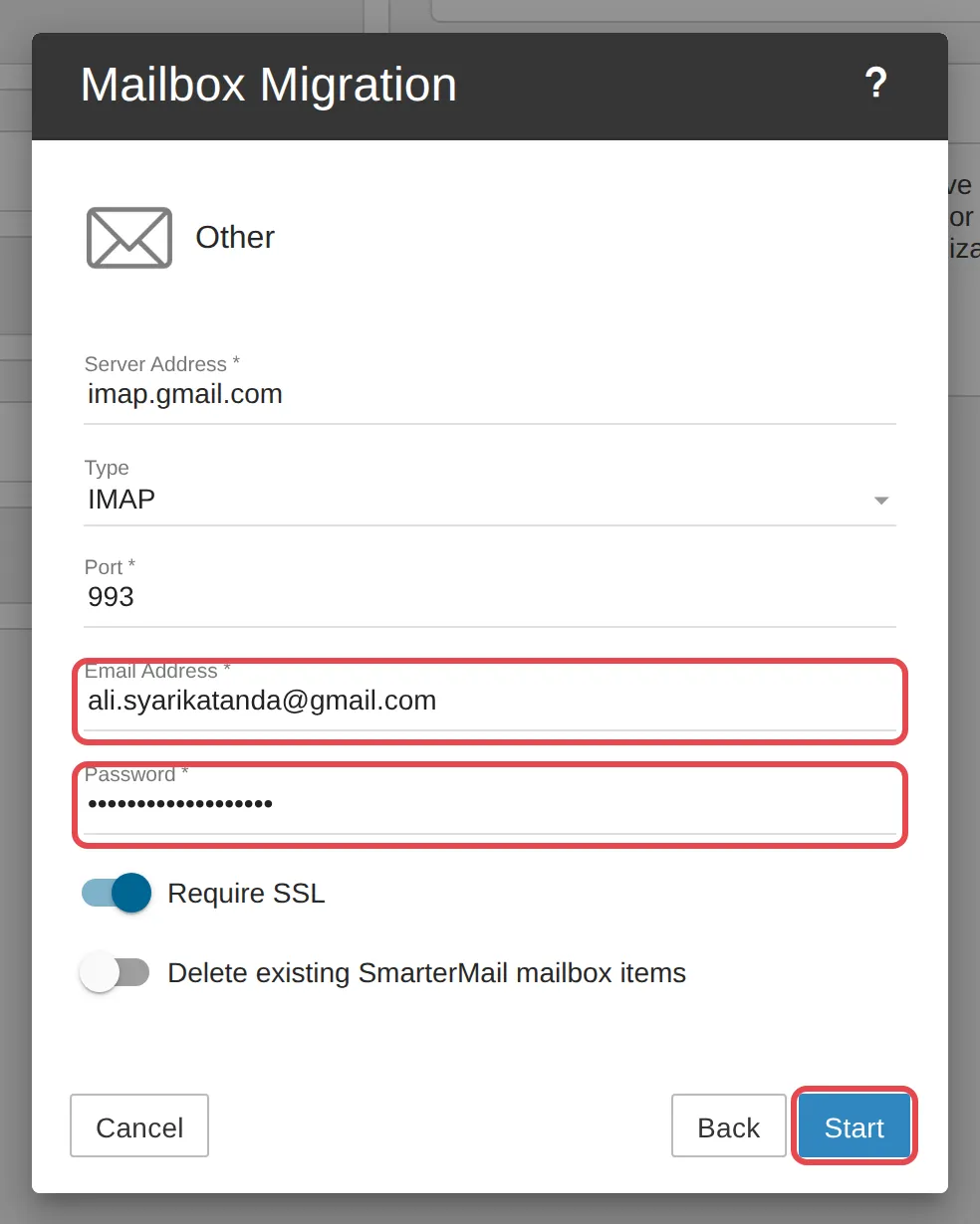 Mailbox Migration, Other, with the Gmail address, App Password and Start