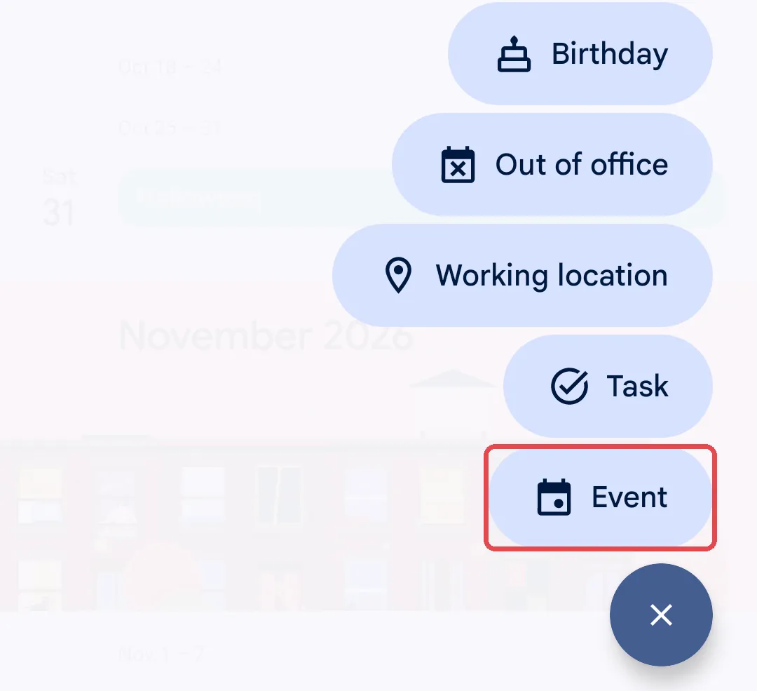 Menu Create dalam aplikasi Google Calendar dengan Event ditandakan