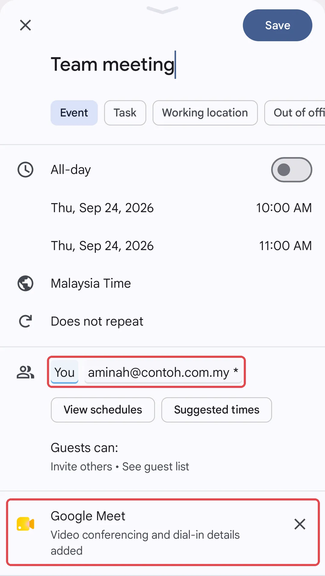 Acara baru dalam aplikasi Google Calendar dengan tetamu dan Google Meet ditambah