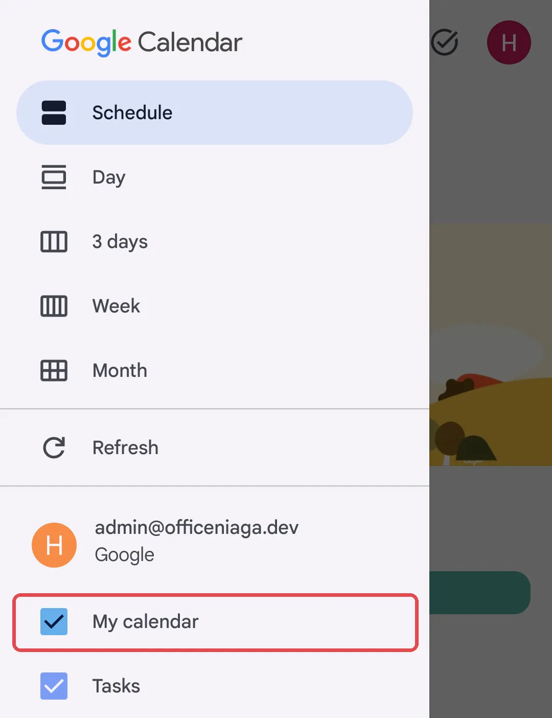 Menu aplikasi Google Calendar dengan akaun kerja dan My calendar ditandakan