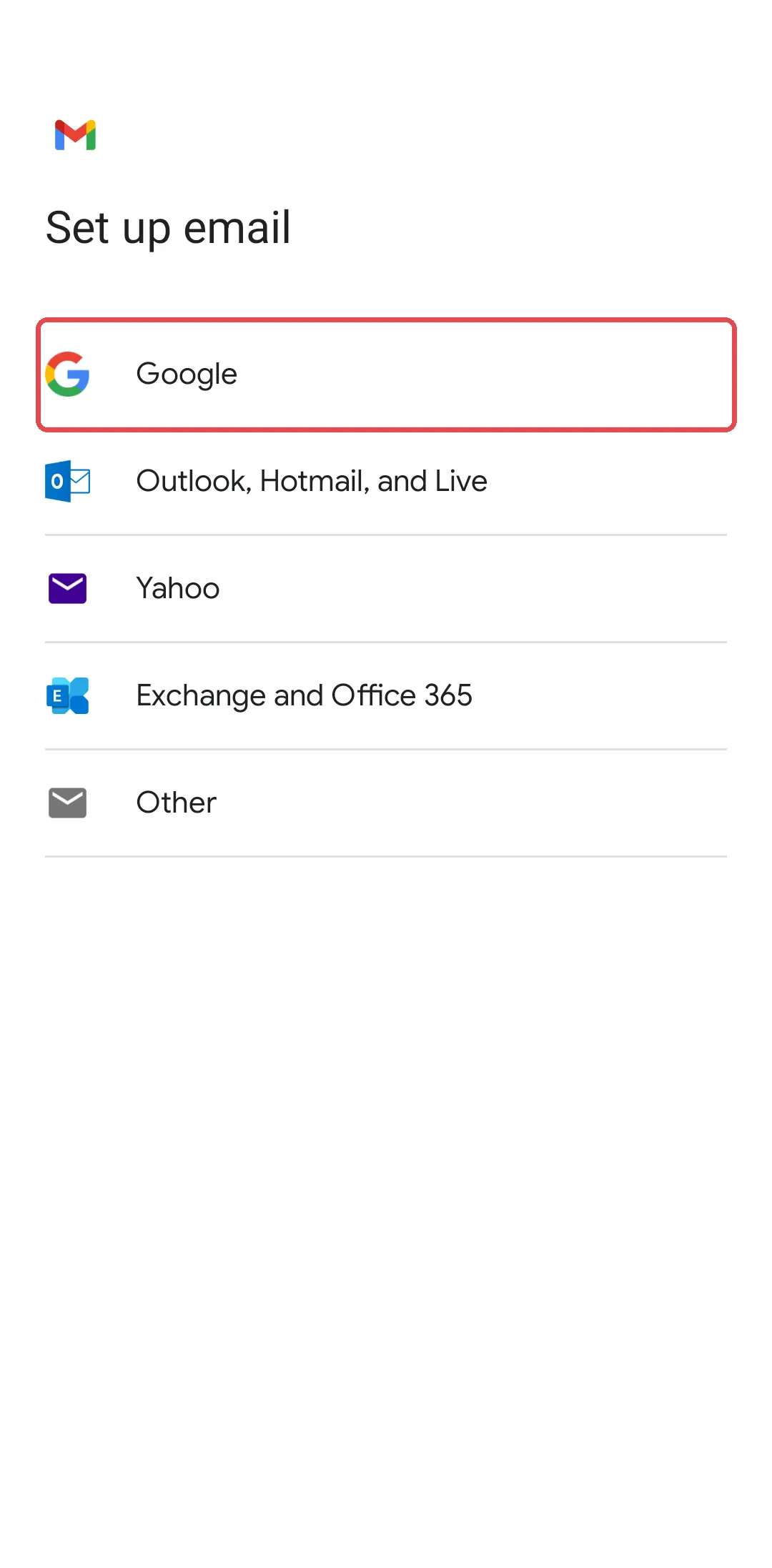 Gmail App的Set up email页面，最上方是Google