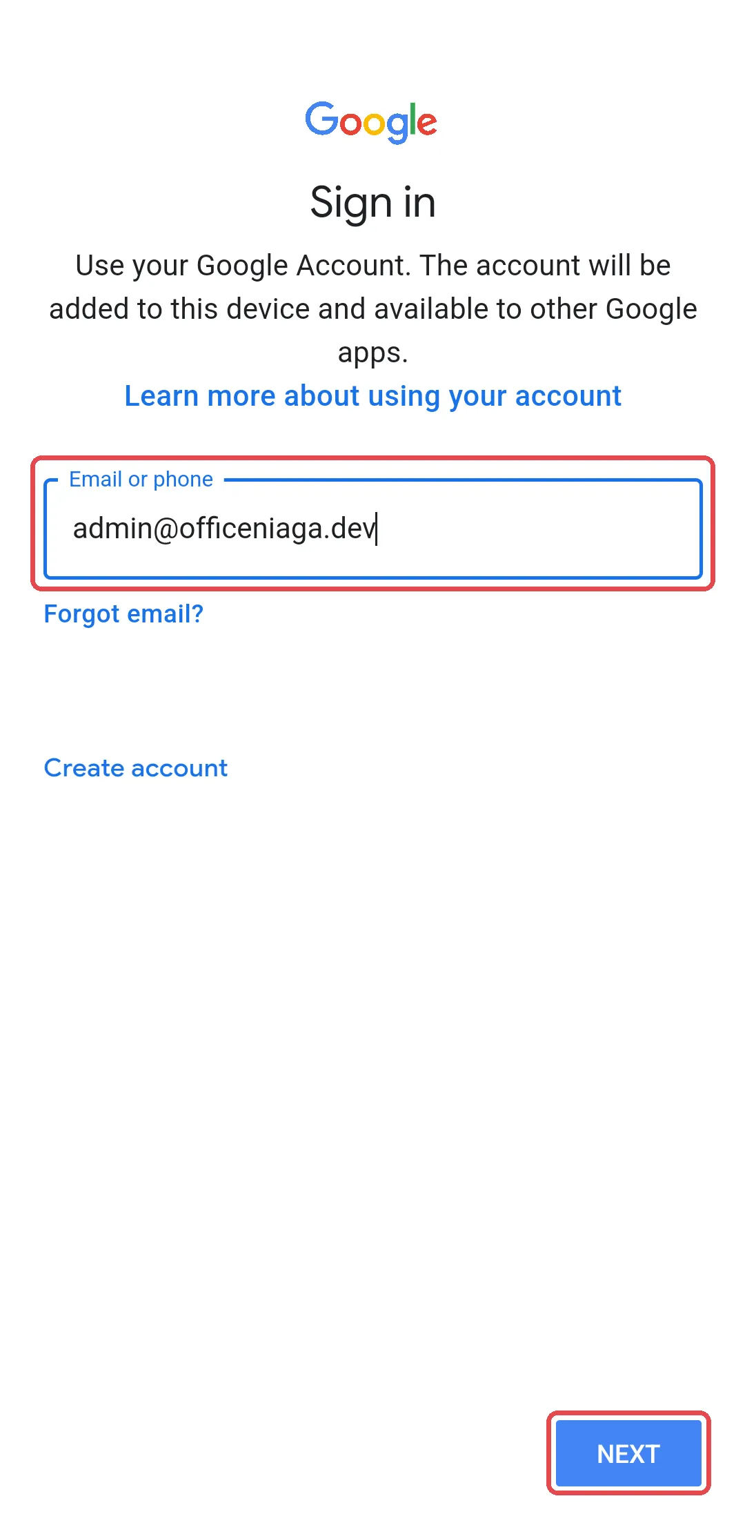 已输入工作电邮地址的Google Sign in页面